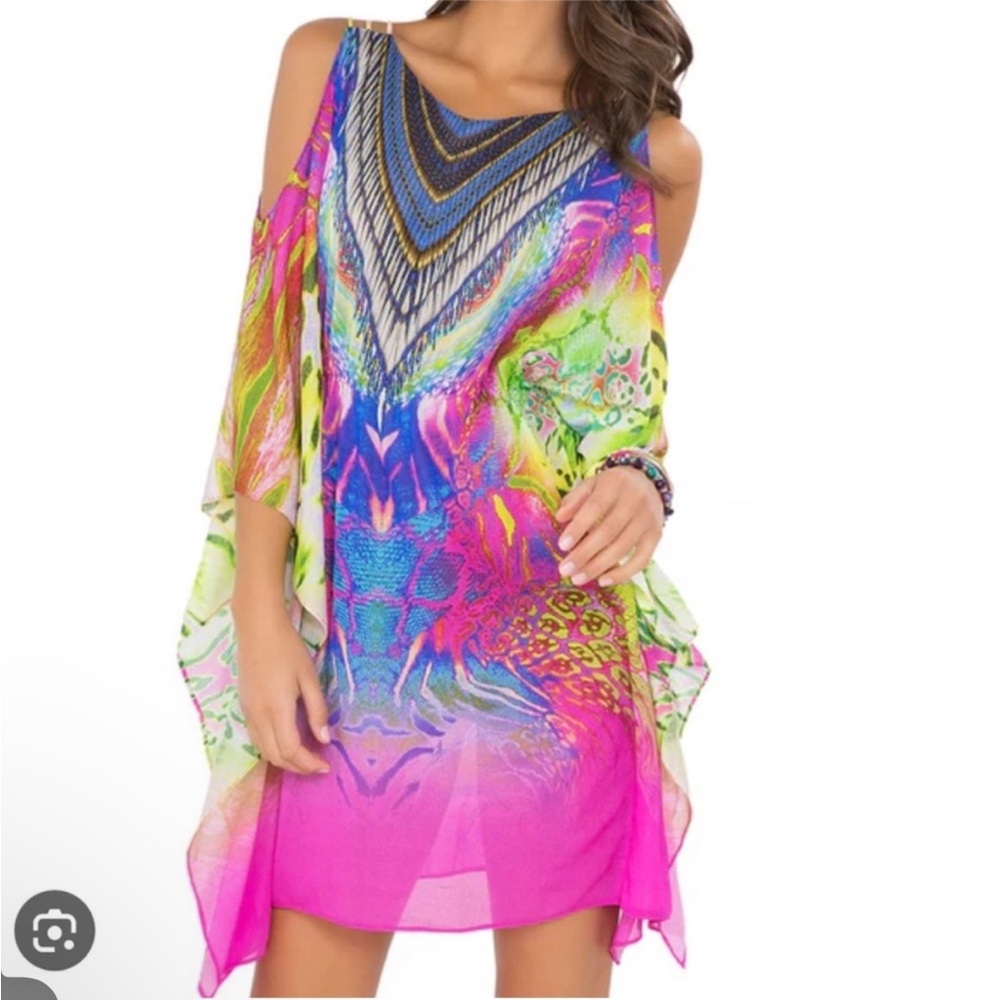 Vibrant Cold-Shoulder Beach Cover-Up Dress in Neon Pink & Multicolor